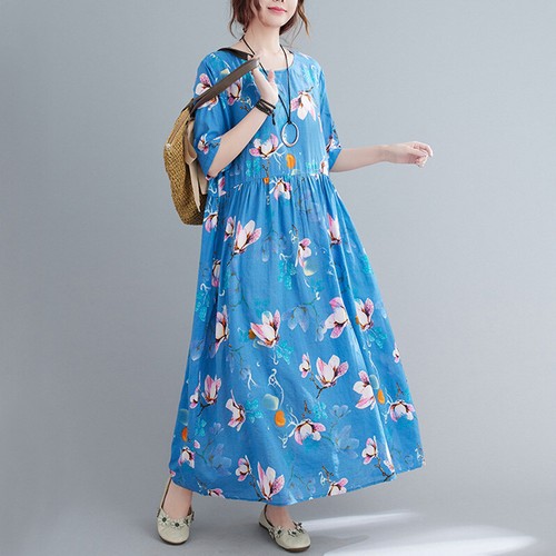 Lady Floral Cotton Linen Loose Baggy 