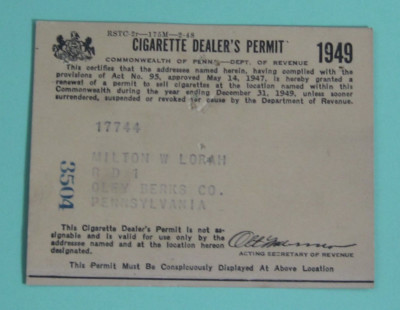cigarette license renewal pa 1949 Oley County Pennsylvania Cigarette Dealer's Permit Business License