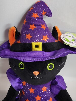 18 inch Plush Black Cat Wearing Witch Hat Halloween Purple sparkle dress & Hat
