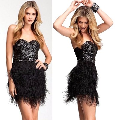 NWT bebe IsIs Dress black gold sequin feather strapless skirt top S Small sexy