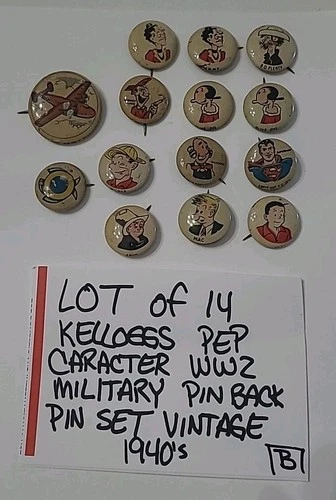 Lot Of 14 Kellogg's Pep Character WW2 Military Pinback Pin Set Vintage 1940's ⬇️