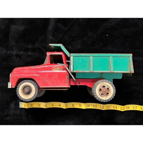 1960s Tonka Red Green Pressed Steel Dump Truck Red Green Toy Dual Rear Wheels