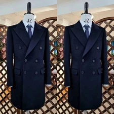 Men's Long Wool Overcoat Wide Peak Lapel Double Breasted Men Cashmere Coat