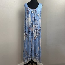 Ellen Tracy Dress Women's Large Blue Paisley Tie Front Stretch Ruffle Hem Casual