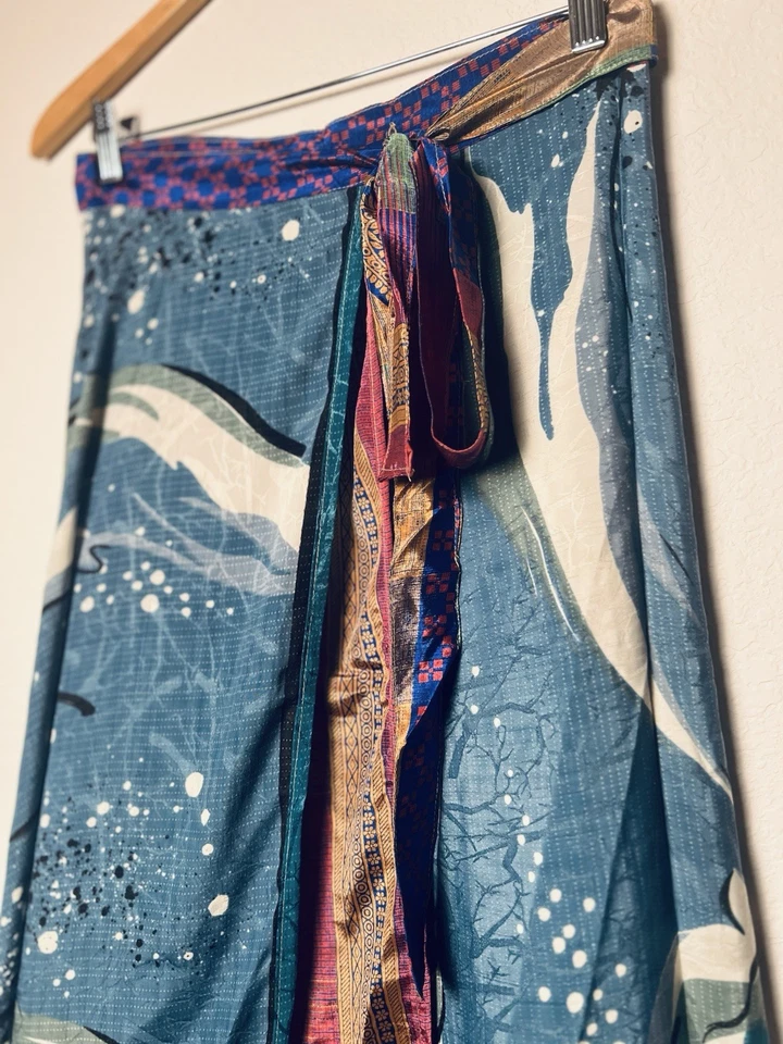 Recycled 100% Silk Long Maxi Wrap Skirt Free Size Blue Abstract Print Gypsy Boho - Image 2 of 4