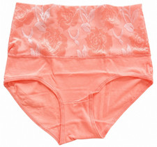 Women's XL High Waist Cotton Brief Underwear Coral Color Lace Tummy Control NEW