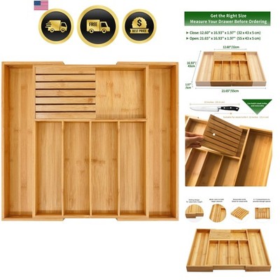 Bamboo Silverware Drawer Organizer Kitchen, Expandable Utensil Organizer with...
