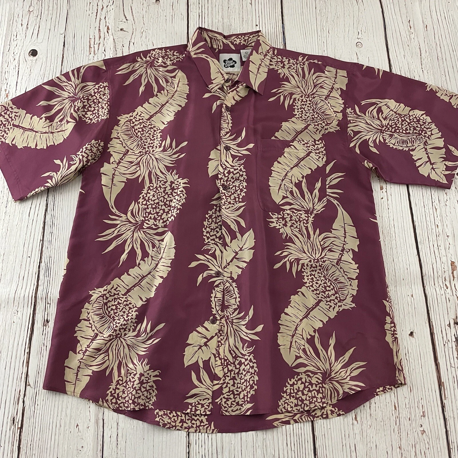 Hilo Hattie 100% Silk Short Sleeve Floral Button Front Shirt Men's Large Maroon