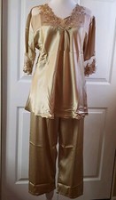 NWT Natural Silk, Lace Embroidery, Gold Pajamas Set, Crop pants Two-Pc XXLarge