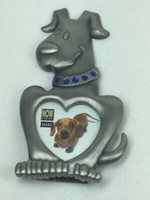 Dog Picture Frame Pewter Metal Heart Blue Jeweled Collar 5x3  With Stand