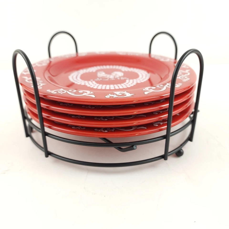 Temp-tations Doodle Doo Juego de (4) Placas de 8" con Estante de Alambre Rojo H440451 Foto 2 de 4
