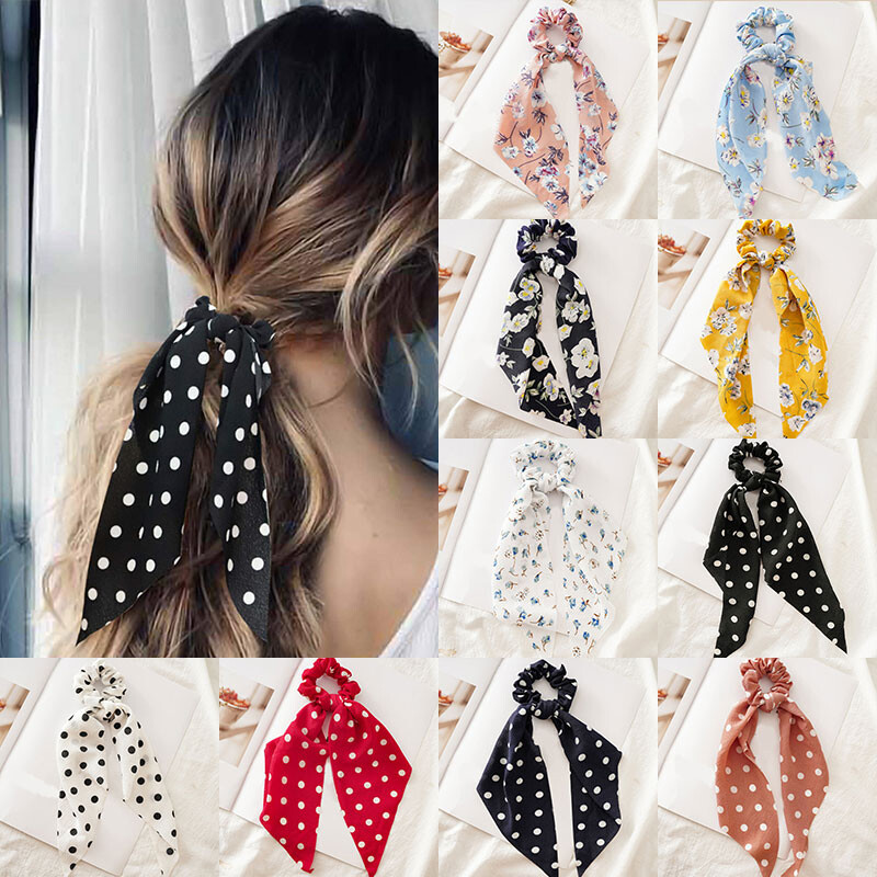 ✿ Women Hair Scrunchies Scarf Dot Floral Print Elastic Bow  display picture 1