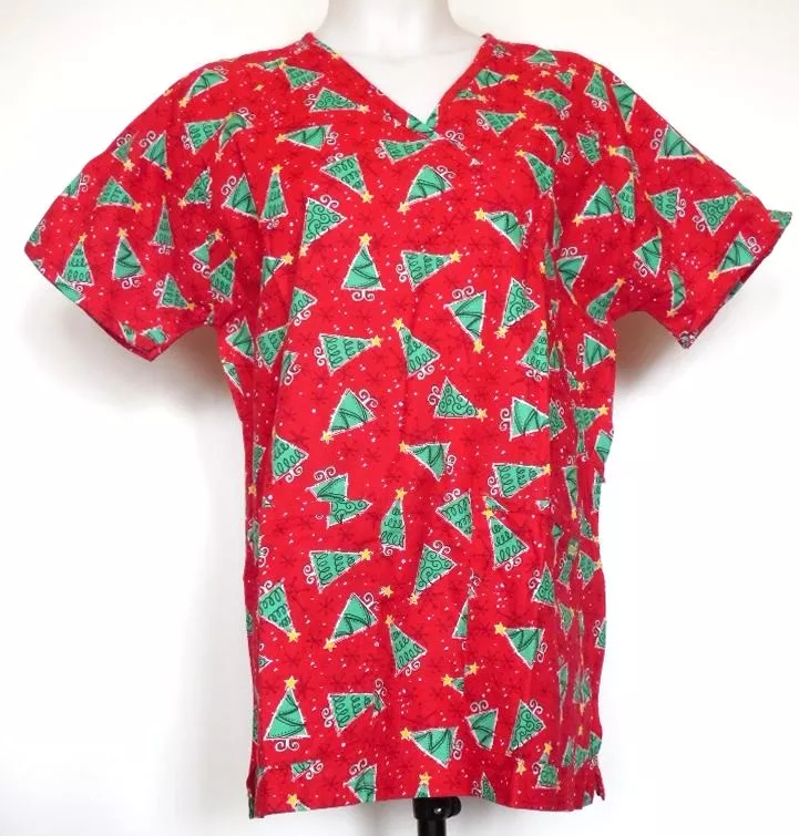 Uniform Advantage Scrubs Red and Green Christmas Tree Themed Top M