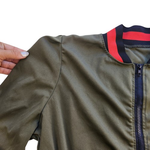 Olive Green Varsity Jacket Womens Small Black Red Striped Puff Shoulder Full Zip - Picture 6 of 9