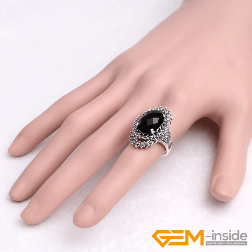 Natural Oval Gemstone Marquis Marcasite Beads Silver Jewelry Ring Size #6#8 Gift - Picture 22 of 55