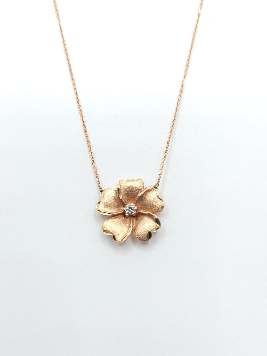 14K ROSE GOLD 3D FLOWER AND DIAMOND NECKLACE Pendant Chain