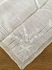 Vtg Wedding Bridal Linen Handkerchief Embroidered Flowers and Rows of Drawnwork