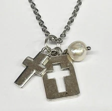 NECKLACE Cross Charms Freshwater Pearl 20” Stainless Religious Spiritual NEW