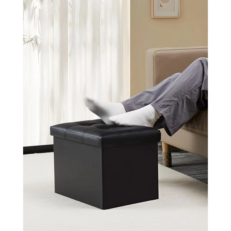 Storage Ottoman Folding Foot Stool W/ Thicker Foam Padded Seat Small Leather New - Image 3 of 4