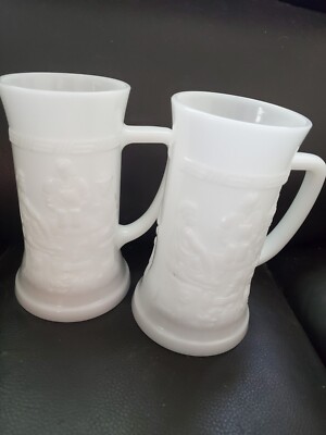 Vintage Embossed Tankards Federal Milk Glass Steins, Set Of 2 Tavern Scenes