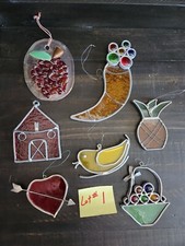 Lot Of 7 Vintage Stained Glass Suncatchers Heart Bird Barn Pineapple Fruits