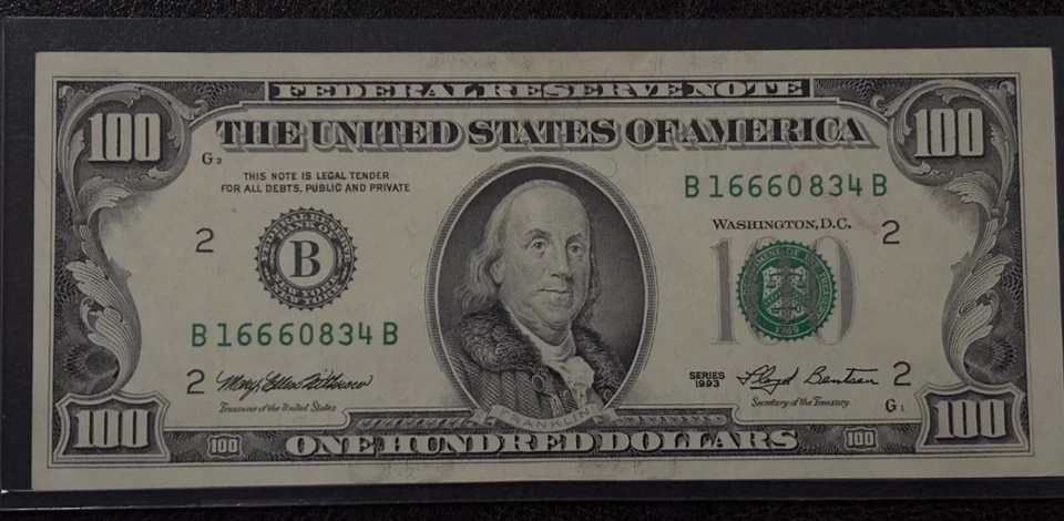 $100 Dollar Bill Small Head 1993 Fancy Serial Number Three of a Kind- B16660834B - Image 2 of 4