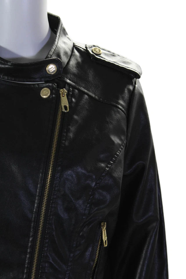 Steve Madden Mujer Cremallera Frontal Cuello Redondo Flecos Imitación Cuero Chaqueta Negra Grande Foto 2 de 4