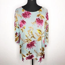 Citron Santa Monica blue pink velvet floral silk blend top size Medium