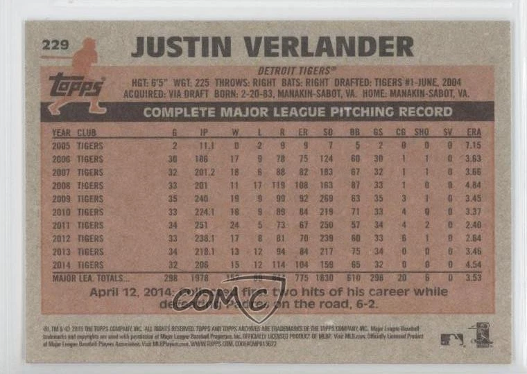 2015 Topps Archives Justin Verlander #229 - Image 2 of 2