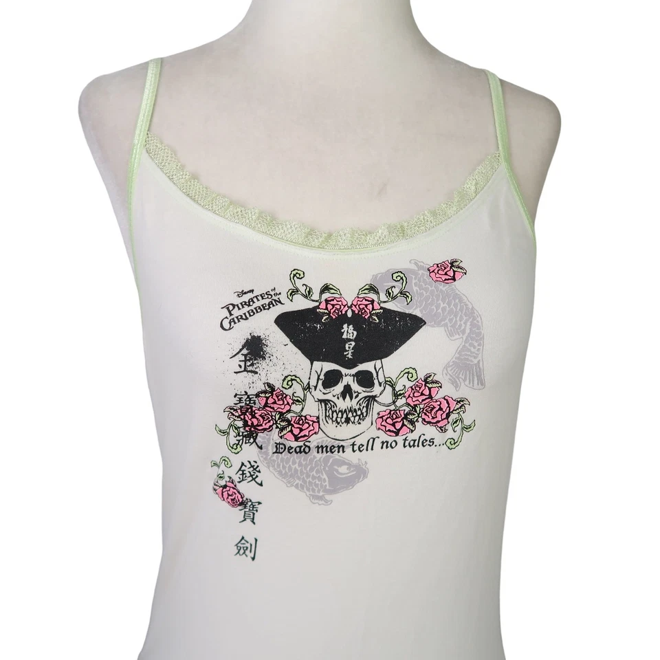 Camiseta sin mangas Disney Piratas del Caribe blanca gráfica encaje ribete cami S Foto 2 de 4
