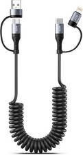 Coiled Stretchy Apple/USB-C/USB-A Cable 4-in-1 4FT Multi Charging Cable 60W Blk