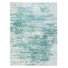 8'10"x12' Green Erased Chevron Design Hand Knotted Silk with Textured Wool Rug