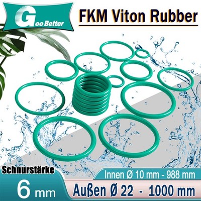 FKM Green O Ring Fluorine Rubber Seal Gasket Cross Section 6mm, ID 10mm - 988mm
