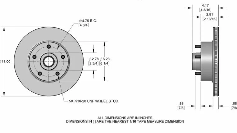 Rotor de freno delantero Mustang II 11"" D y S con patrón de orejetas Chevy 5x4,75"" B12013DR Foto 3 de 4