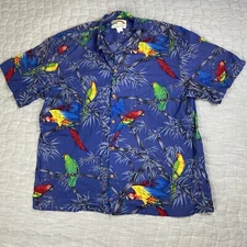 Paradise Found Shirt Mens XXL Blue Floral Parrots Hawaiian Camp Button Up Beach