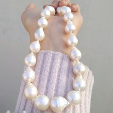 Rare Huge 12x15mm South Sea Baroque White Pearl Necklace 14k Gold Clasp