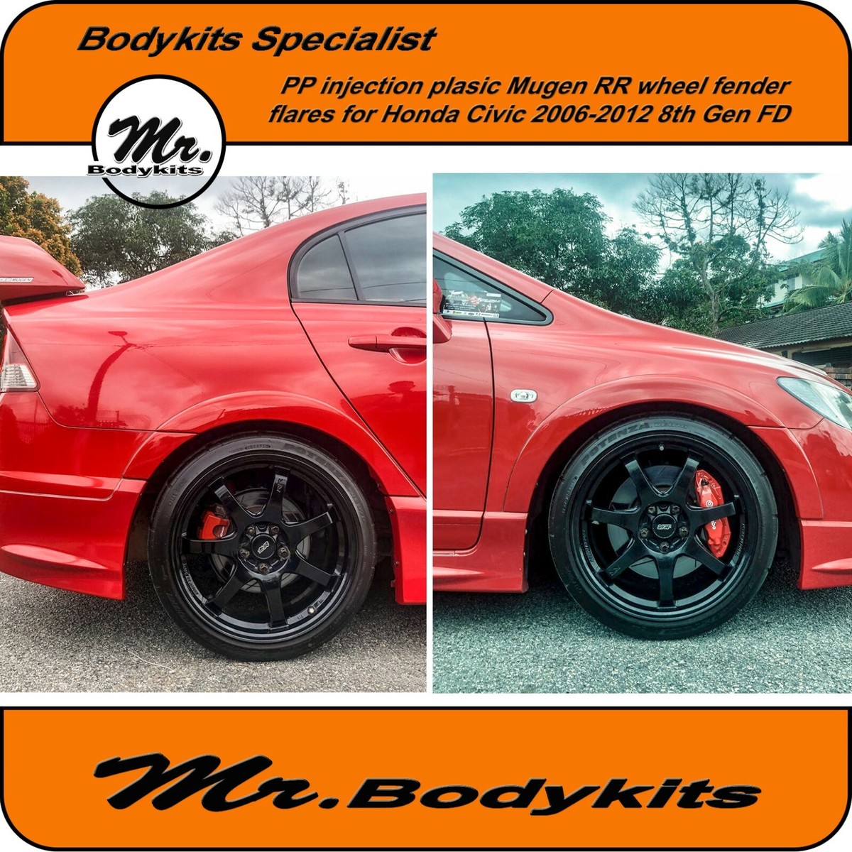 PP plastic Mugen RR style wheel fender flare for Honda Civic FD