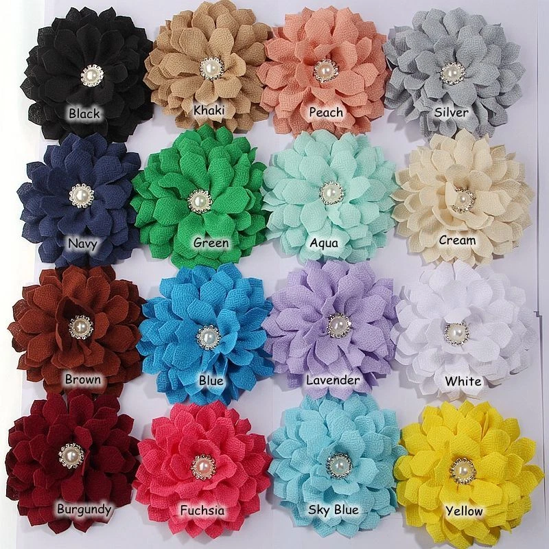 Tela satinada flores-10 cm con perlas estrás flor hecha a mano para diadema 5 piezas Foto 3 de 4