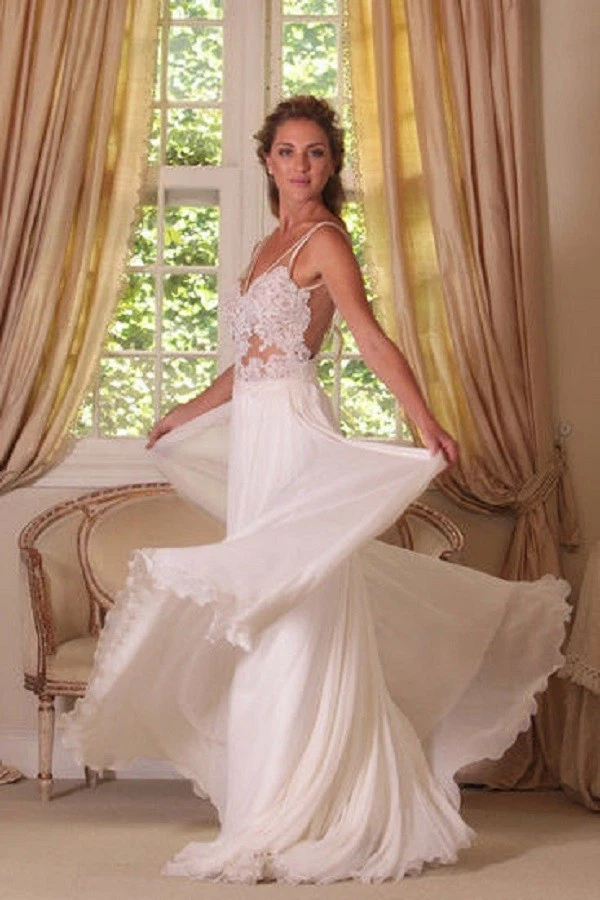 Boho Spaghetti Lace Chiffon Beach Wedding Dress Open Back Bridal Gowns Custom 2+ - Image 2 of 4