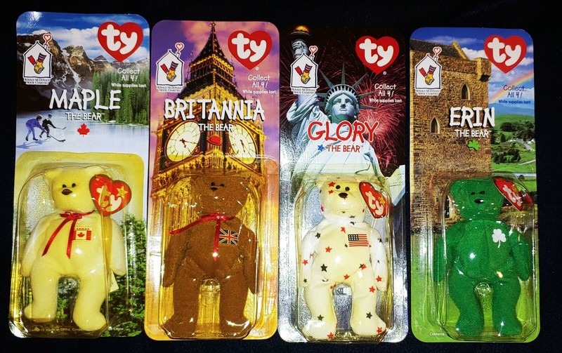 Rare TY Beanie Babies Britannia Glory Erin Maple The Bear, New Unopened Packages