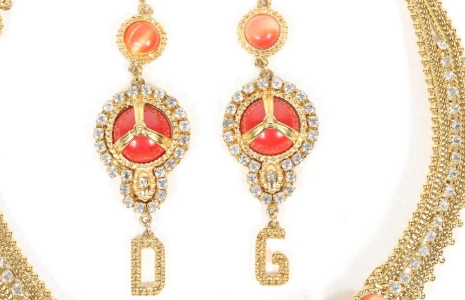 Dolce & Gabbana Necklace With Resin Coral Rhinestones Matching Dangle Earrings - Image 3 of 4
