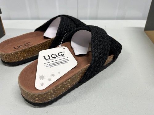 UGG Open Toe Espadrilles Cork Sandals Size 38 Milo AS5012 Womens Black Slip On - Picture 9 of 15