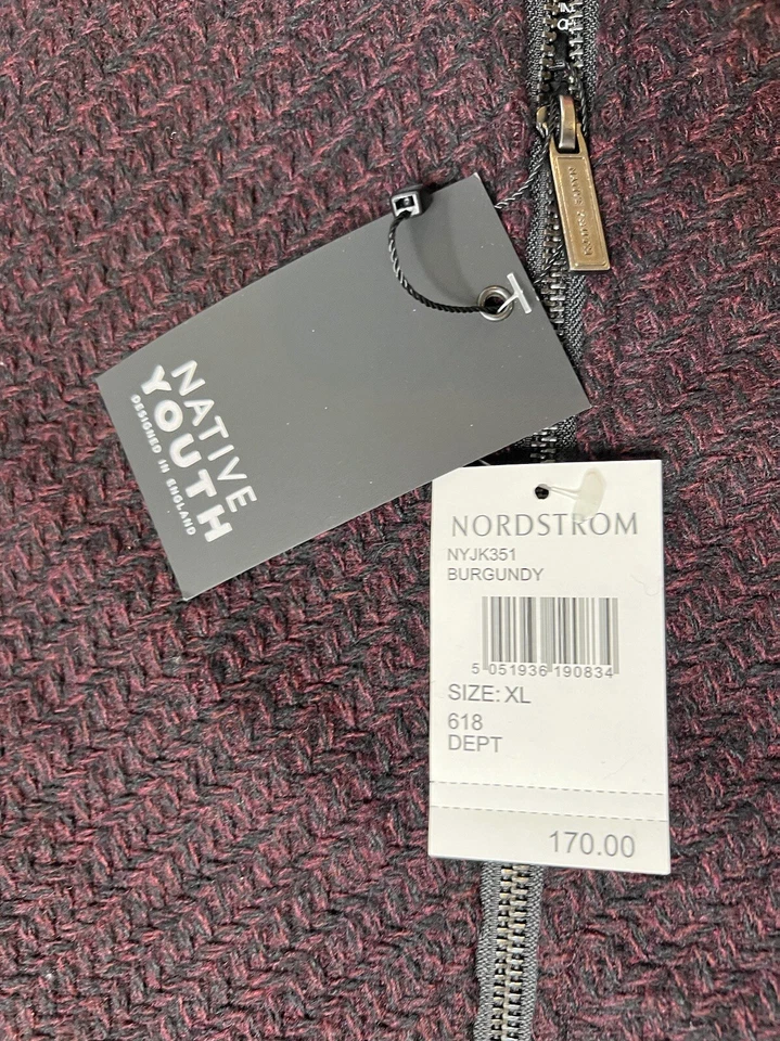 Native Youth Wool Tweed Bomber Jacket Coat Mens XL Nordstrom Burgundy NEW - Image 3 of 4