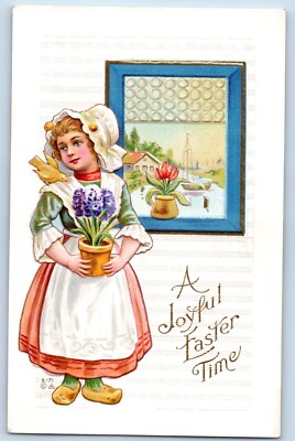 Easter Postcard Dutch Girl With Flowers Pot Embossed c1910's Unposted Antique