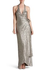 Dress the Population Giselle Sequin Wrap Gown SZ S Platinum