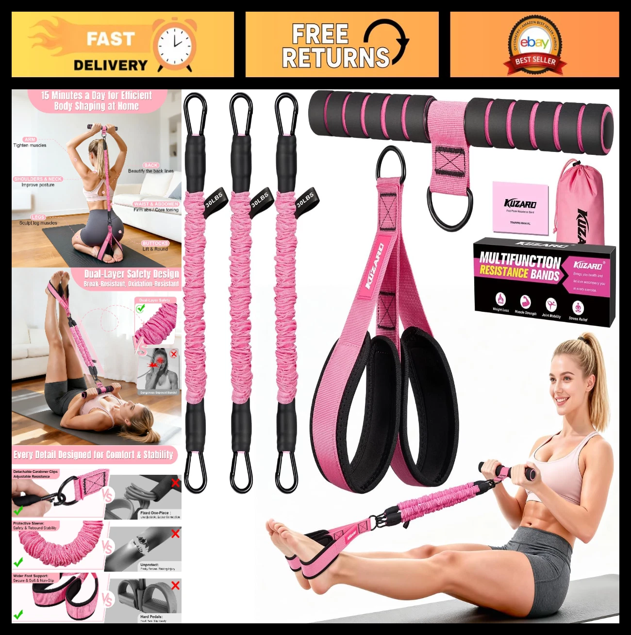 Adjustable 3-Tube Resistance Bands with Handles - Multifunctional Workout Equipm