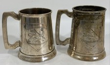 Vintage Set Silverplate British Mugs Stein Tankard Hand Etched Lion Crest Guild