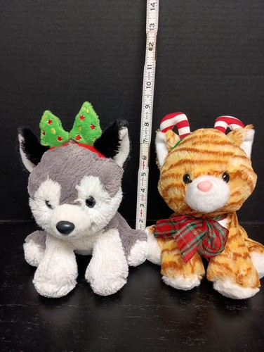 Aurora Christmas Plush Lot Of 2 Husky Puppy Dog & Striped Cat Kitten 9" Holiday - Picture 8 of 8