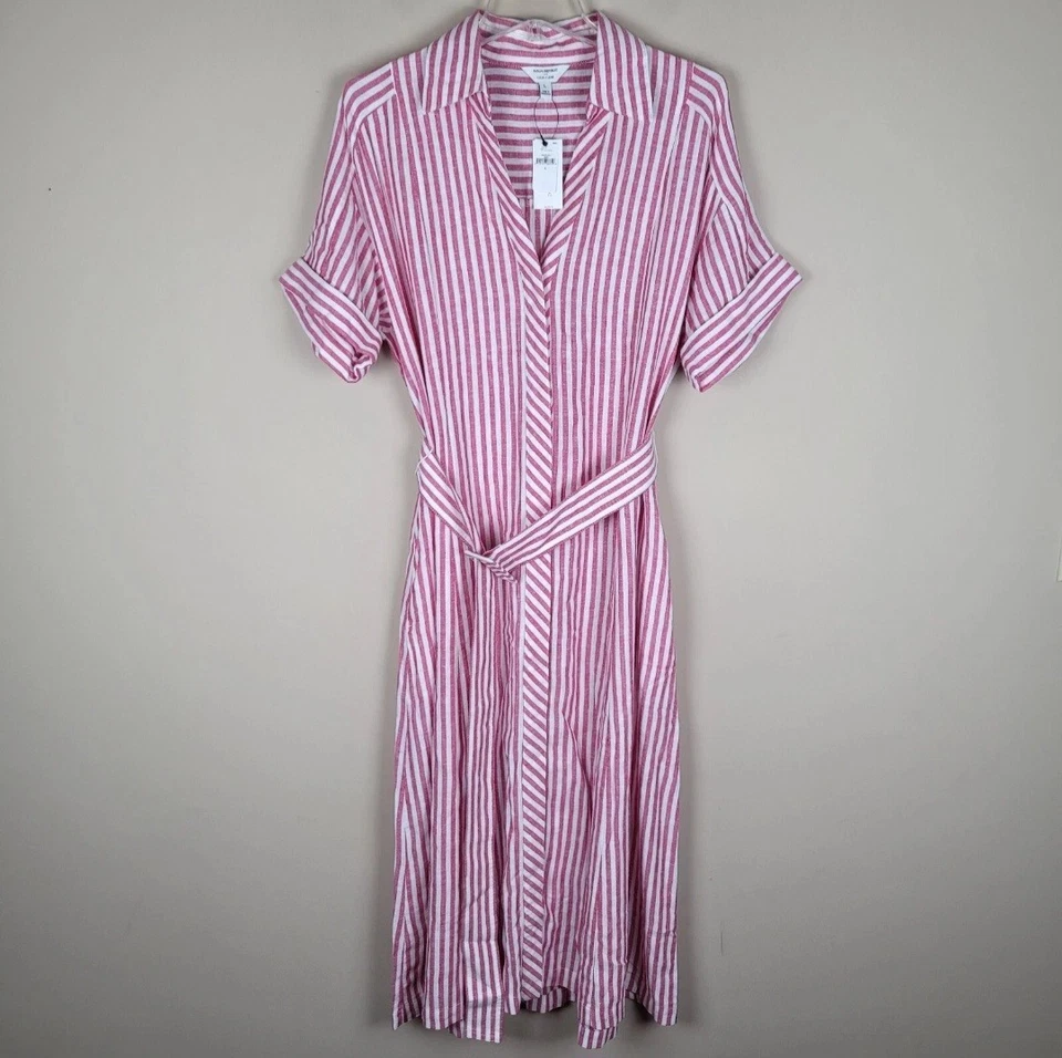 Vestido Camisa Midi Banana Republic Talla L NUEVO Mezcla de Lino a Rayas Manga Corta Rojo Foto 2 de 4