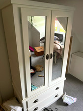 White Wood Freestanding Wardrobe 2 Hinged Mirrored Doors 2 Drawers